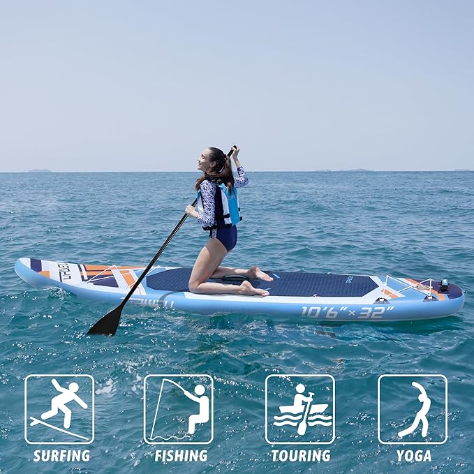 UPWELL 10'6"/11'/11'6" Inflatable Paddle Board, Stand Up Paddlboard for Youth & Adults, Stable Design, Premium SUP Accessories, Backpack, Leash, Hand Pump, Fins
