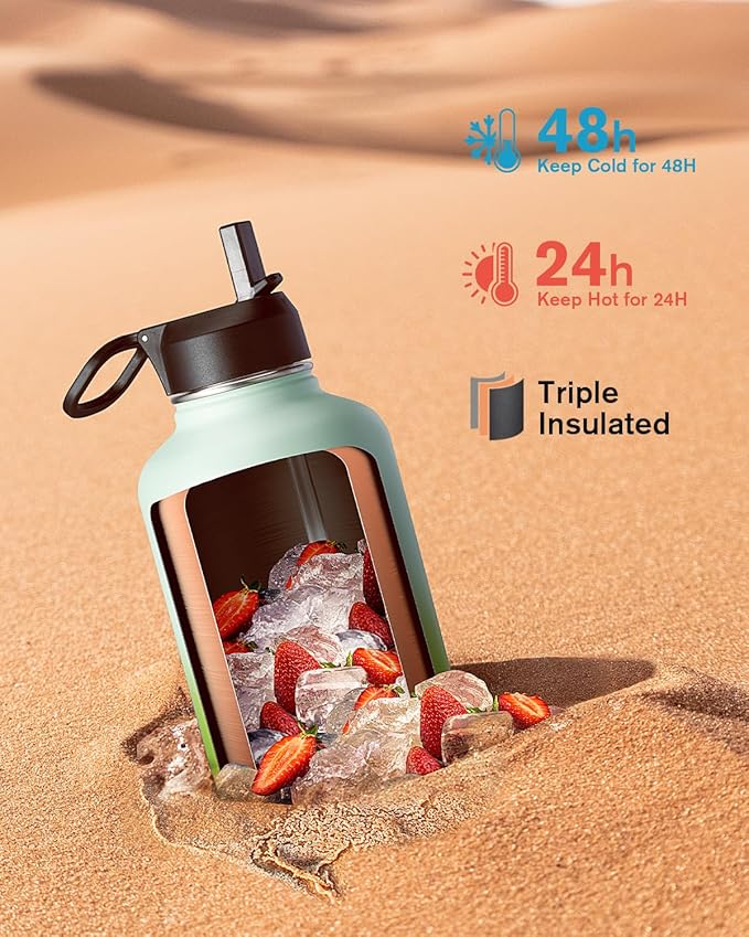 Half Gallon Water Bottle Insulated with Straw & 3 Lids, Coolflask 64 oz Water Jug Large Metal Stainless Steel Wide Mouth for Sports, Gym or Office, Non-BPA Keep Cold 48H Hot 24H, Ombre Green
