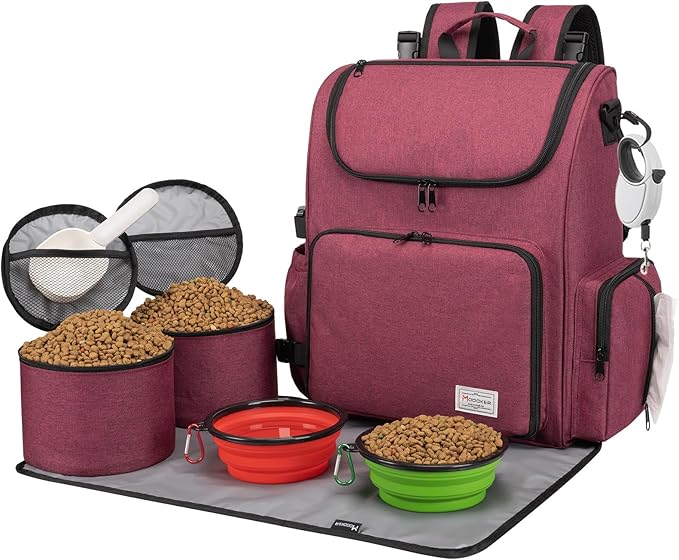 Modoker Dog Travel Bag Backpack, Airline Approved Pet Accessories Organizer for Dog and Cat with Shoulder Strap, 2 Dog Food Storage Containers, 2 Collapsible Dog Bowls,1 Pet Mat, Rose Red