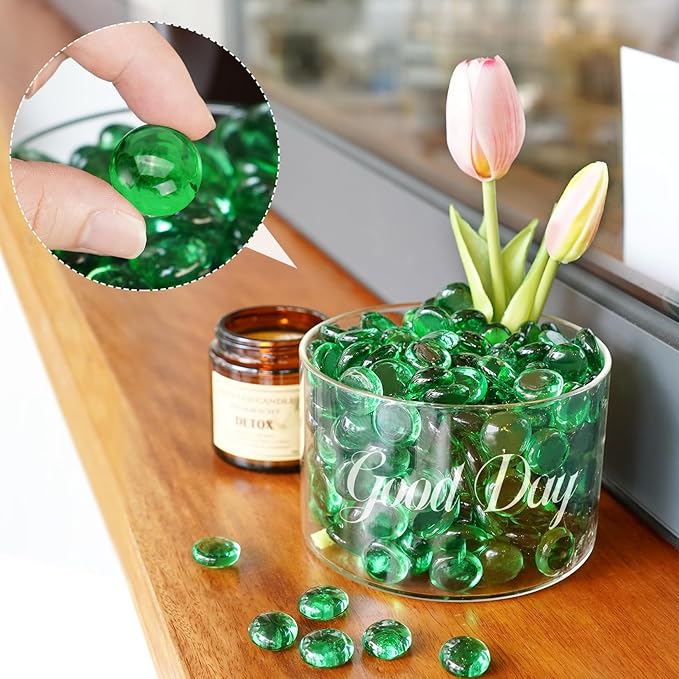 10LB Green Flat Glass Marbles for Vases, Gemstone Beads Vase Filler Decorative Glass Pebbles for Fish Tank, DIY Crafts, Aquarium Decor Rocks
