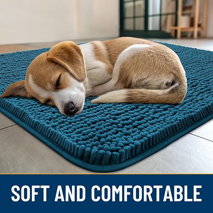 Smiry Dog Door Mat for Muddy Paws 47x24, Absorbs Moisture and Dirt Doormat, Non-Slip Washable Quick Dry Chenille Front Door Mat Indoor Entrance, Entryway Carpet for Inside Floor, Atlantic Blue
