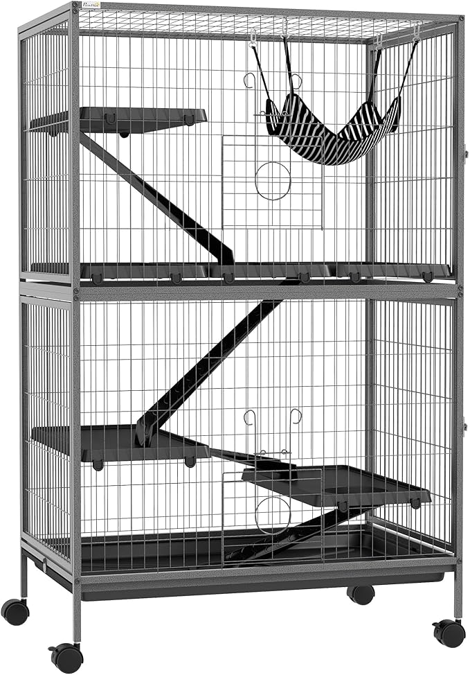 PawHut 50" 5-Tier Small Animal Cage, Ferret Cage, Large Chinchilla Cage with Hammock Accessory & Heavy-Duty Steel Wire, Small Animal Habitat with 4 Doors, Removable Tray, Gray
