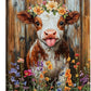 Funny Cow Bathroom Pictures Wall Art, Rustic Brown Cute Cow Bathroom Wall Decor, Farmhouse Floral Framed Painting Animal Flower Canvas Artwork for Bedroom Living Room Decorations 24"L x 16"W