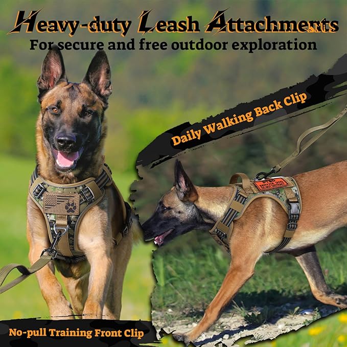 rabbitgoo Dog Harness for Large Dogs No Pull, Tactical Service Pet Vest with Molle and Control Handle, Adjustable and Reflective Military Harness for Easy Walking and Training, Brown camo, XL
