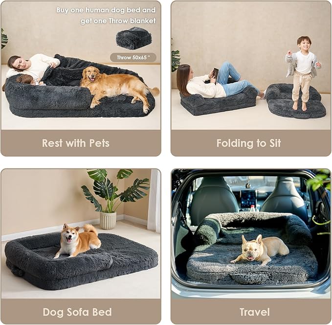 EHEYCIGA Foldable L Dog Bed, Faux Fur Fluffy Dog Couch Bed, Orthopedic Calming Memory Foam L Pet Bed for Large Dogs, Washable Soft Warm Pet Sofa Bed with Non-Slip Bottom, Dark Grey, 40"x30"x6"