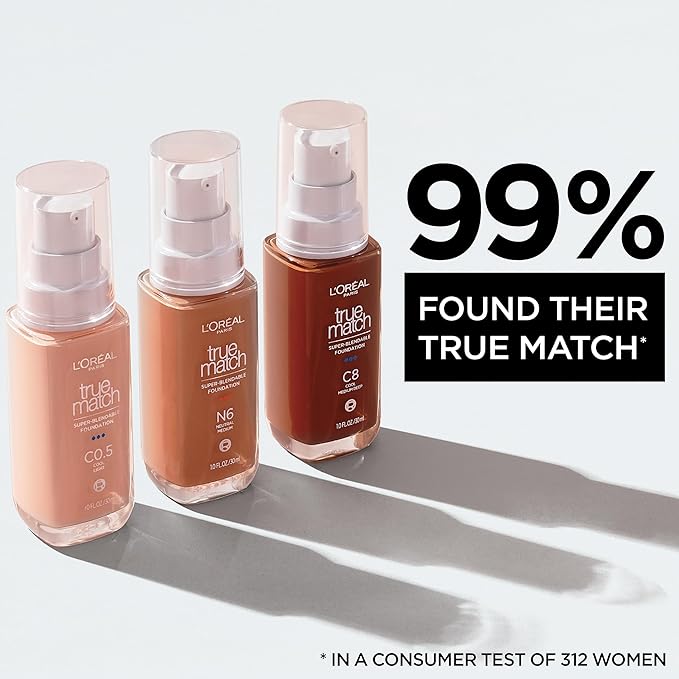 L'Oreal Paris True Match Super-Blendable Foundation, Medium Coverage Liquid Foundation Makeup, N8, Medium Deep, 1 Fl Oz