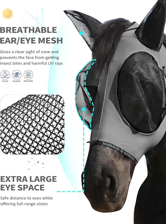 Harrison Howard Horse Fly Mask with Forelock Opening Stretch Breathable and Comfortable for Horses UV -Protection Grey L