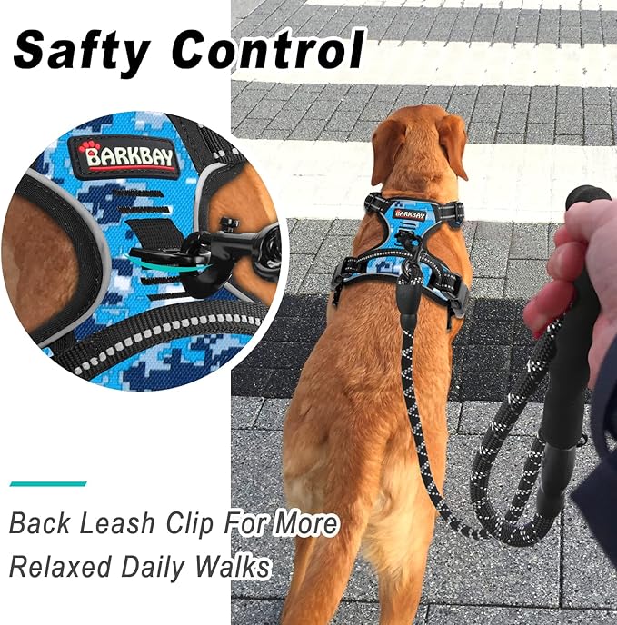 BARKBAY No Pull Dog Harness Large Step in Reflective Dog Harness with Front Clip and Easy Control Handle for Walking Training Running(Blue camo,M)