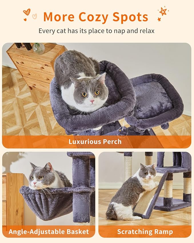 Taoqimiao 56.3-Inch Cat Tree, Cat Tower with Scratching Posts, Cat Tree House for Indoor Cats with hammocks, Toys, Condo and Large Scratch Board, Smoky Gray MS012G