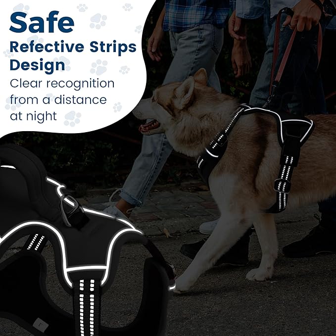 Funfox Dog Harness No Pull, Adjustable Dog Vest Harness Super Soft, 2 Leash Clips Anti Pull, Vertical Handle Easy to Control, Reflective Night Walking for XLarge Breed, Black, XL