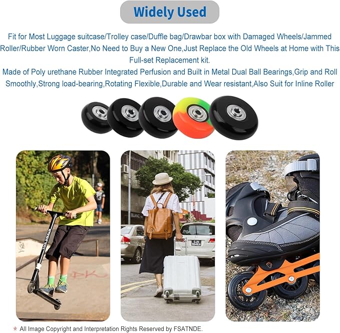 Luggage Suitcase Replacement Wheels Set of 4 PU Bearing Wheels-Install Width 0.8in/21mm with 3 Size Axles and Hacksaw for Trolley Bag Drawbar Box Smooth Rolling Repair(50x18mm)