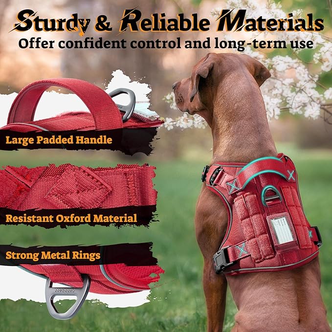 rabbitgoo Dog Harness Medium Sized No Pull, Tactical Service Pet Vest with Molle and Control Handle, Adjustable and Reflective Military Harness for Easy Walking and Training, Red, M