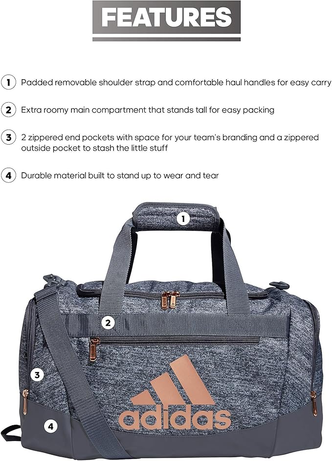 adidas Unisex Defender 4.0 Gym Duffel Bag for Men and Women, Jersey Onix Grey/Rose Gold/Onix Grey, Small (38L)