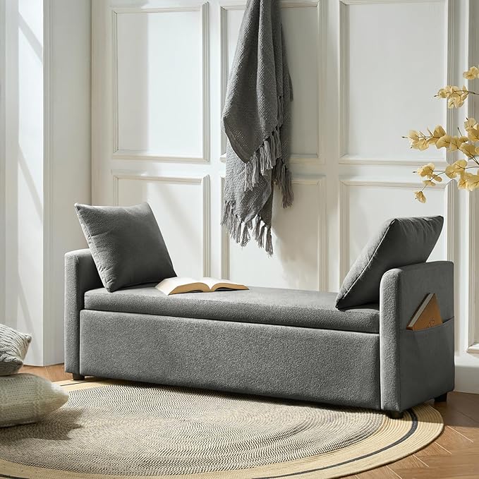 HULALA HOME Modern Storage Ottoman Bench with Throw Pillows, 59" Extra Long End of Bed Bench with Storage Pocket, Comfy Upholstered Footstool for Bedroom Entryway Living Room, Charcoal