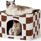 Lesure Indoor Cat Beds Kitten House - Large Cat Cave for Pet Cube with Fluffy Ball Hanging, Foldable Small Animal Hideaway, 16.5x16.5x13 inches, Brown Checks