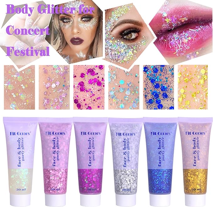 Body Glitter Face Glitter Gel: Singer Concerts Disco Festival Rave Accessories Face Glitter Makeup 150ml Chunky Sequins Mermaid Face Body Hair Glitter Gel (White&Silver&Gold)