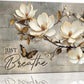 Floral Magnolia Bathroom Pictures Wall Art, Just Breathe Bathroom Wall Decor, Flower Butterfly Framed Painting Canvas Artwork for Bedroom Living Room Decorations 16"L x 12"W
