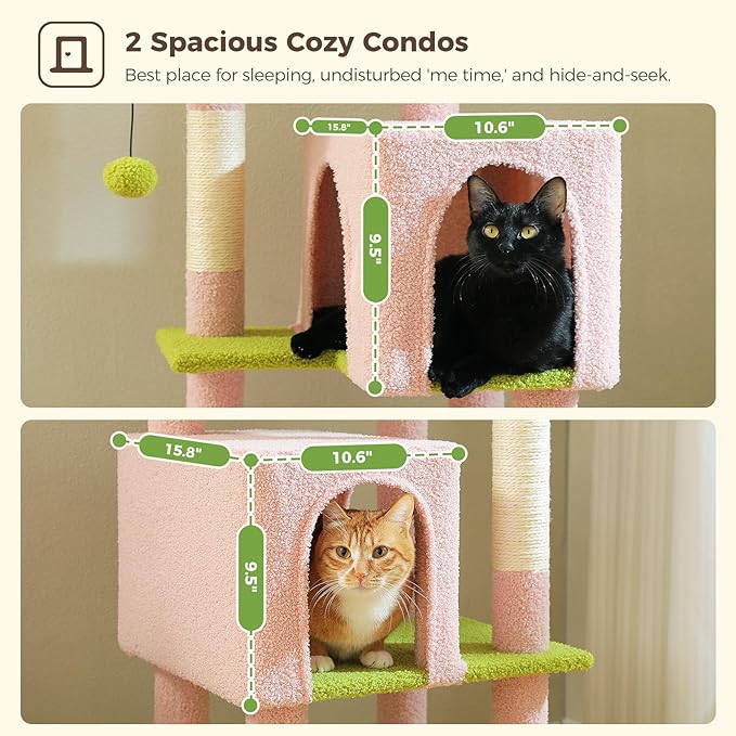 Flower Cat Tree, 62-Inch Tall Multi-Level Cat Tower with Scratching Posts for Large Indoor Cats, Plush Bed w/Padded Perches, Scratching Pad & 2 Green Pompoms, Pink