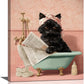 Cat Bathroom Wall Decor Black Cat Reading Newspaper in Bathtub Canvas Wall Art Funny Bathroom Pictures Kitten Painting Print Pink Artwork Framed Decorations Gifts 16"x20"