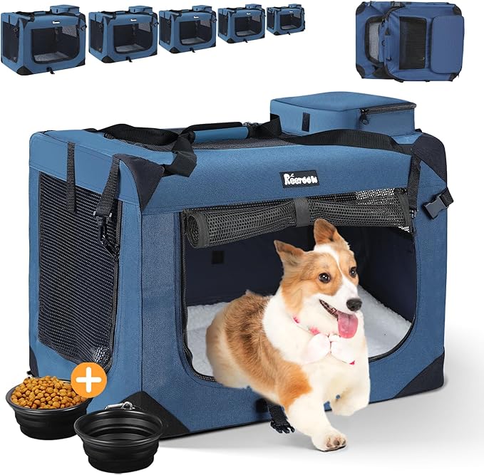 Extra Large Dog Crate with 2 Foldable Bowl, 40 Inch Collapsible Travel Dog Crate Kennel with Soft Blanket for Medium Dogs,Indoor & Outdoor (40" L x 27" W x 27" H, Navy)