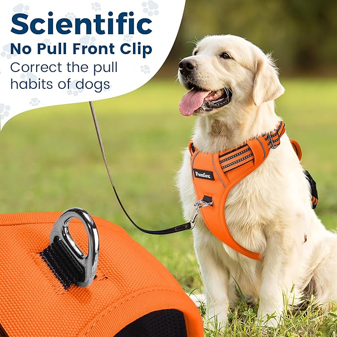 Funfox Dog Harness No Pull, Adjustable Pet Vest Harness, Super Soft Material with Vertical Handle Easy Control, Reflective Night Walking, 2 Leash Clips for XLarge Dogs, Orange, XL