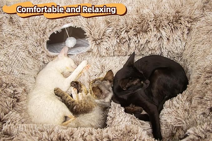 XxingSheep 4 Cave Shuttled XL Cat Tunnel Bed for Indoor Cats Peekaboo Toy Donut with Warm Mat, Yellow-Brown