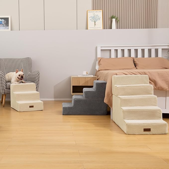 Dog Stairs for Small Dogs & Cats, 3-Step Non-Slip Pet Steps for Couch Sofa and Chair, Grey, 13.6" H