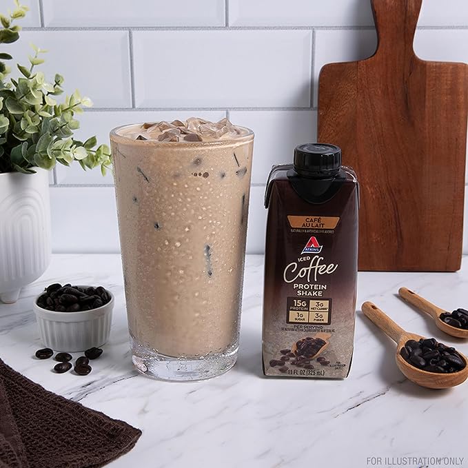 Atkins Café au Lait Iced Coffee Flavored Protein Shake, High Protein Shake, Low Sugar, Low Carb and Low Sugar, Keto Friendly, Gluten Free, 12 Count