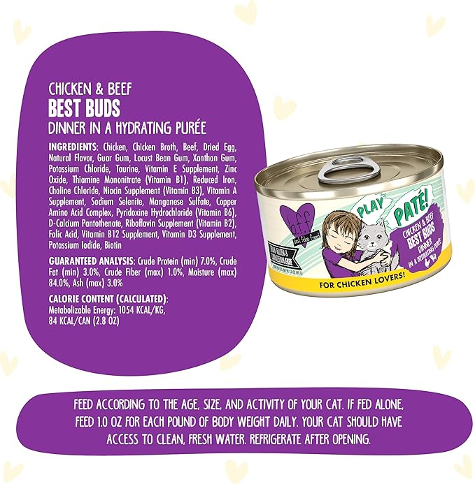 Weruva B.F.F. Play - Best Feline Friend Paté Lovers, Aw Yeah!, Chicken & Beef Best Buds with Chicken & Beef, 2.8oz Can (Pack of 12)