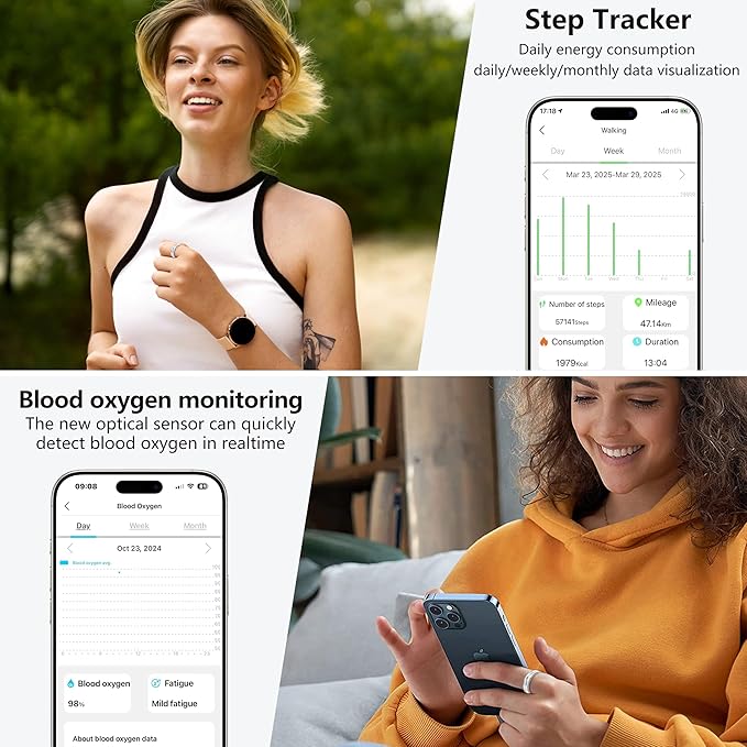 Thin Smart Ring for Fitness & Health Tracking -Pedometer,Sleep/Heart Rate/Blood Oxygen Monitor, Gesture Control / 5ATM Waterproof -No APP Subscription Compatible with Android& iOS (Silver, 11)