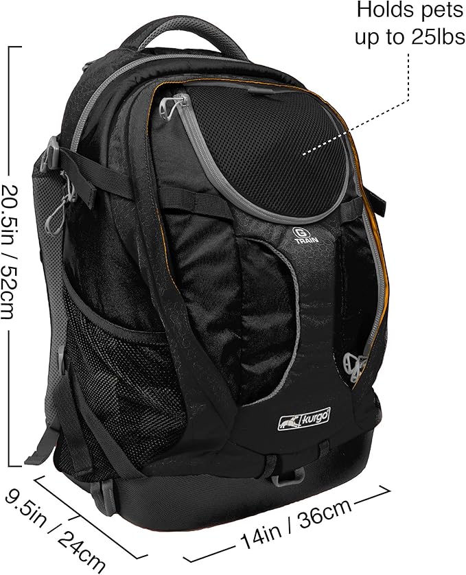 Kurgo G-Train - Dog Carrier Backpack for Small Pets - Cat & Dog Backpack for Hiking, Camping or Travel - Chest Straps & Hip Belt - Reflective - Two Water Bottle Sleeves - Waterproof Bottom (Black)