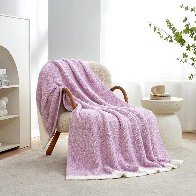 Snuggle Sac Lilac Throw Blanket for Couch, Super Soft Warm Blankets Cozy Knit Fuzzy Lightweight Throws for Sofa, Bed, Living Room, Heather Lilac, 50x70 inches
