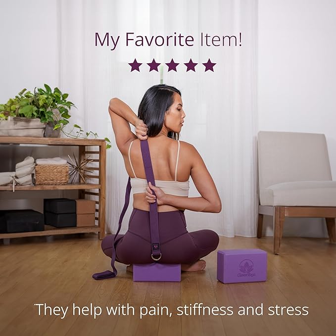 Clever Yoga Blocks 2 Pack with Strap - Extra Light Weight Sweat Repelling Foam Yoga Block Set with Cotton 8ft Yoga Stretch Strap - Yoga Block and Strap Set Kit for Beginner to Pro - Exercise