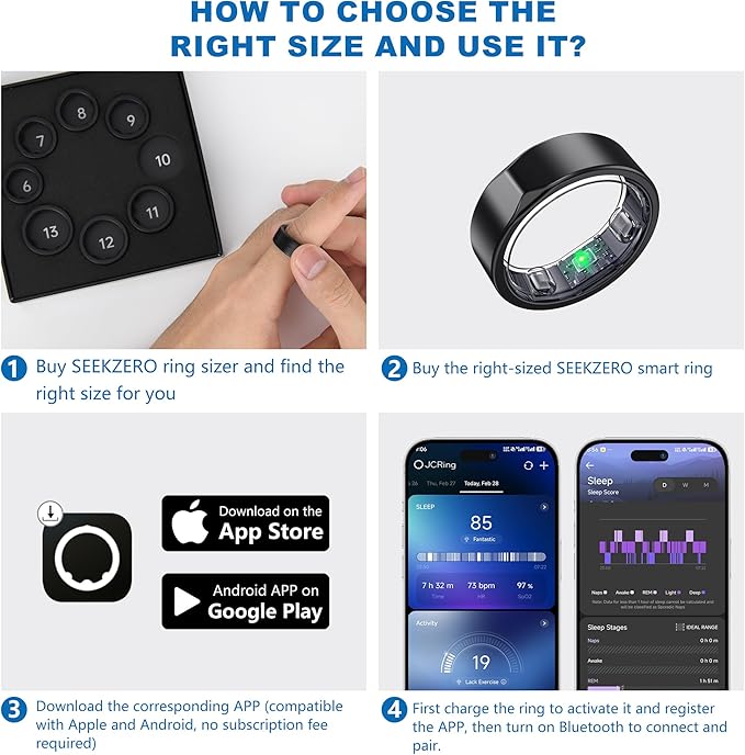 Smart Ring for Women Men - Titanium Health Fitness Tracker Ring with Heart Rate, Step Counting, Calories, Sleep & Stress Monitor for iPhone and Android, No Subscription Fee (Black, 8)