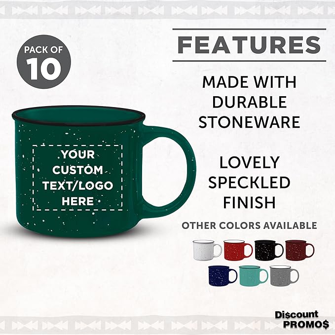 DISCOUNT PROMOS Custom Ceramic Campfire Coffee Mugs 13 oz. Set of 10, Personalized Bulk Pack - Perfect for Tea, Espresso, Cappuccino, Hot Cocoa - Green