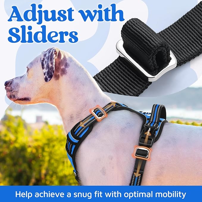 rabbitgoo Dog Harness for Large Dogs, No Pull Pet Vest with 3 Buckles, Adjustable Soft Padded Pet Harness with Easy Control Handle and Reflective Strips, Blue, L