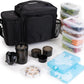 ThinkFit Large Black Meal Prep Lunch Bag, 8 Portion Control Containers, Pill Dispenser, Shaker Cup & 2 XL Reusable Ice Packs