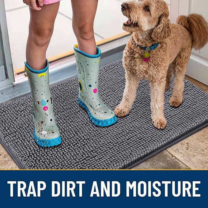 Smiry Dog Door Mat for Muddy Paws 36x24, Absorbs Moisture and Dirt Doormat, Non-Slip Washable Quick Dry Chenille Front Door Mat Indoor Entrance, Entryway Carpet for Inside Floor, Dark Grey