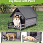 GUTINNEEN Dog House Outdoor Weatherproof with Porch, Puppy Shelter Indoor with Anti-Bite Design, PVC Curtain, Asphalt Roof, Elevated Waterproof Base, for Small to Medium Dogs - Grey