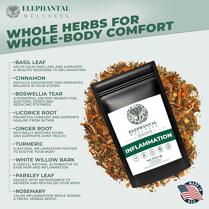 Elephantal Wellness Premium Inflammation Herbal Tea | Comfort & Mobility Blend with Turmeric, Boswellia, White Willow Bark & Ginger | Handmade, Non-GMO, Caffeine-Free Loose Leaf, 4oz, 40 Servings