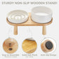Ceramic Slow Feeder and Water Bowl Set for Small Dogs, Ceramic Dog Bowls Elevated with Wooden Stand, 0.6 Cups Dog Slow Feeder(14oz) and 30oz Water Bowl Set, White