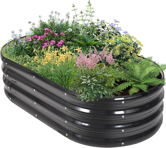 Galvanized Raised Garden Bed Outdoor - 4×2×1ft Planter Raised Beds for Gardening | Oval Metal Garden Planter Box with Safety Edging and Gloves for Vegetables Fruits and Flowers - Grey