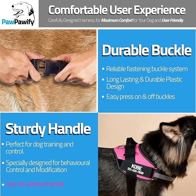 PawPawify Custom No Pull Dog Harness with Name and Phone Number, Heavy Duty Personalized Pet Vest to Prevent Tugging, Pulling, or Choking, Training and Walking (Red, S (10-19LBS))