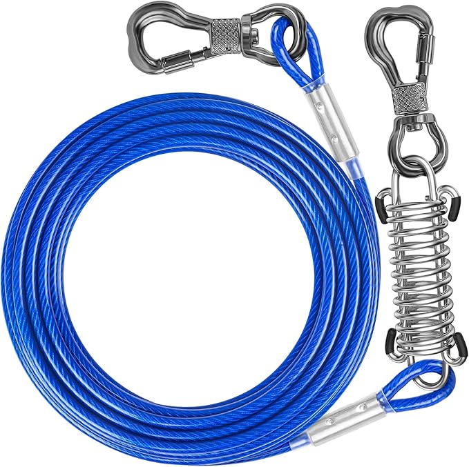 Tresbro 15 FT Dog Tie Out Cable with Spring, Shock Absorbing Tether Chains for Outside Aavilable in 10/15/20/25/30/40/50/70/100/120 FT, Heavy Duty Leads for Yard for Medium & Large Dogs Up to 500 LBS