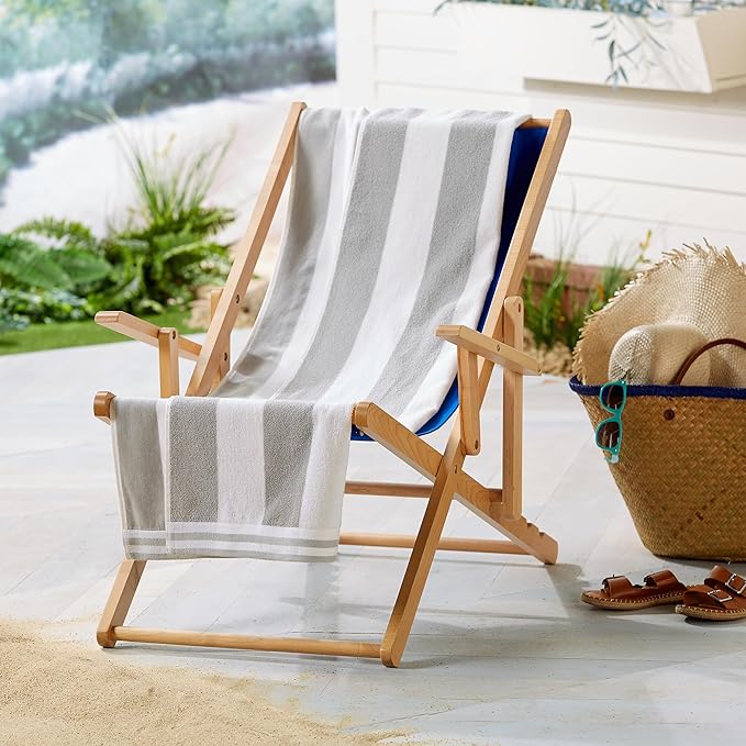 Great Bay Home 100% Cotton Velour 4 Pack Beach Towels 30" x 60" - Grey Cabana Stripe Pool Towels - Quick Dry, Large Swim Towels
