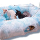 XxingSheep 4 Cave Shuttled XL Cat Tunnel Bed for Indoor Cats Peekaboo Toy Donut with Warm Mat, Azure Blue