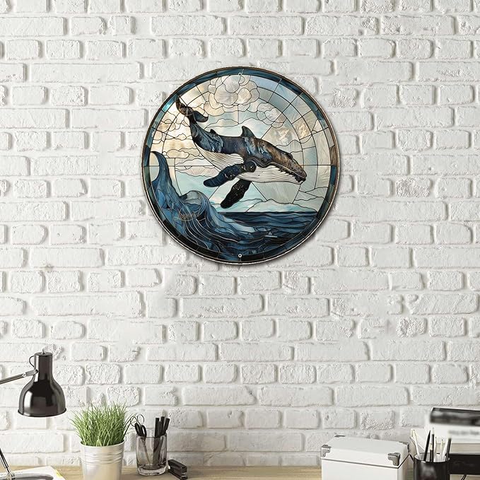 Lygond Metal Sign Tin Sign Circular Stained Glass Whale Bar Sign for Garage 8×8 Inches