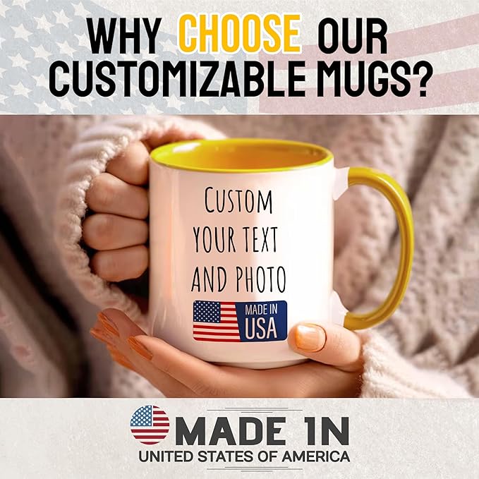 Custom Mug Upload Your Picture Personalized Coffee Mug with Photo Text Name Customized Cup Unique Ideas Gifts for Men Women Mom Dad Girlfriend Boyfriend Friend Family (Yellow, 15oz)