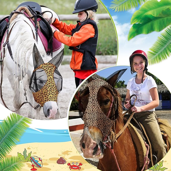 Chunful 6 Pcs Horse Fly Masks with Ears Smooth and Comfortable Cashel Mesh Fly Mask Elasticity Breathability UV Protection Horse Face Covering for Riding Supplies(Leopard,Medium)