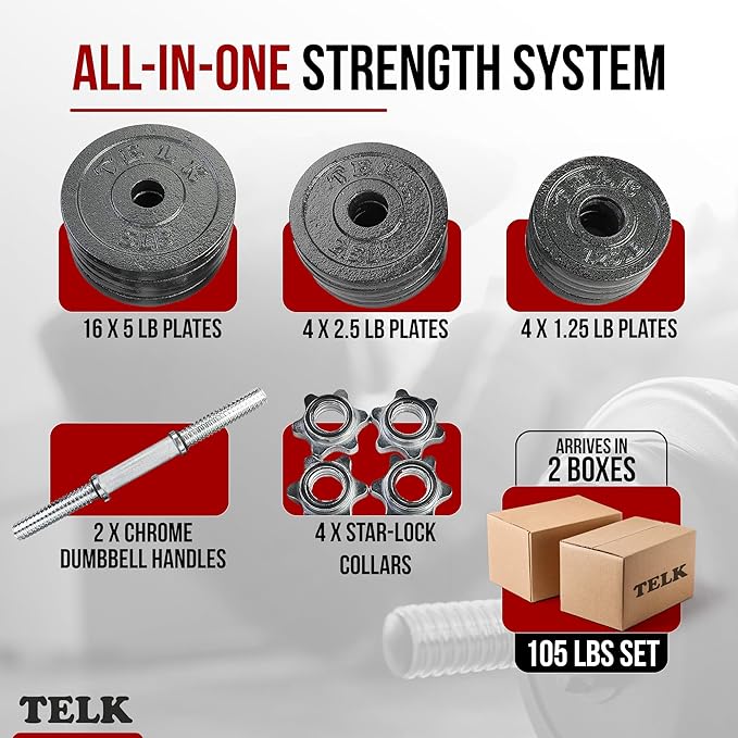 TELK – Adjustable Dumbbell Set – Home Gym Weight Set with Baked Enamel Cast Iron Plates – Space-Saving Free Weights for Strength Training